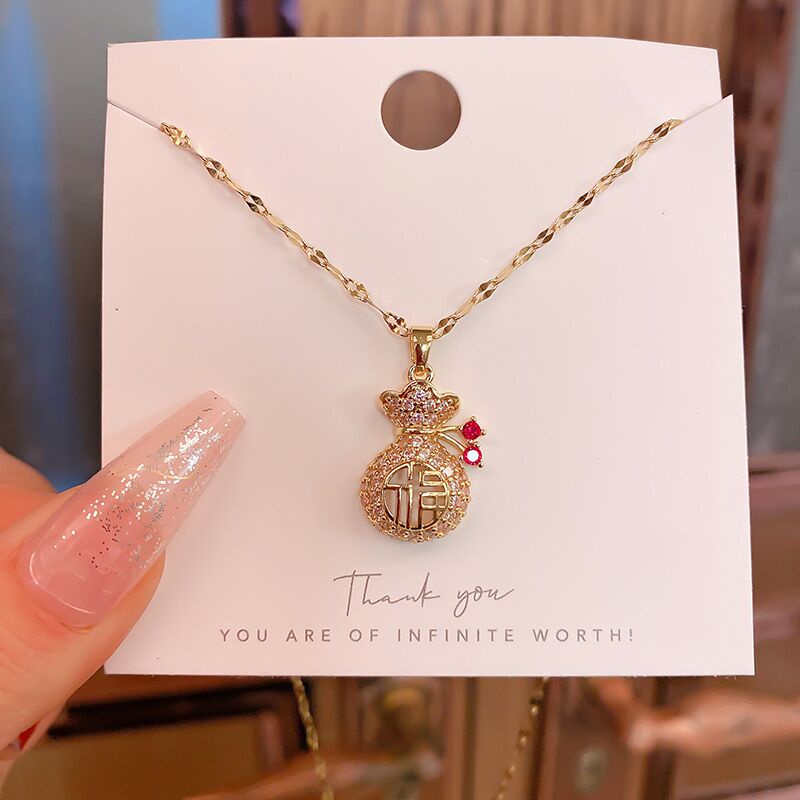 dây chuyền nữ 100% TITAN - KHÔNG GỈ - KHÔNG PHAI MÀU 18k vàng kim cương may mắn Trung Quốc &quot;Fu&quot; Túi tiền mặt vòng cổ