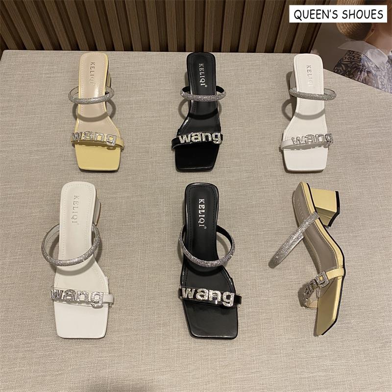 Giày Sandal Gót Dày Quai Đính Đá Chữ Thời Trang Nữ Sành Điệu
