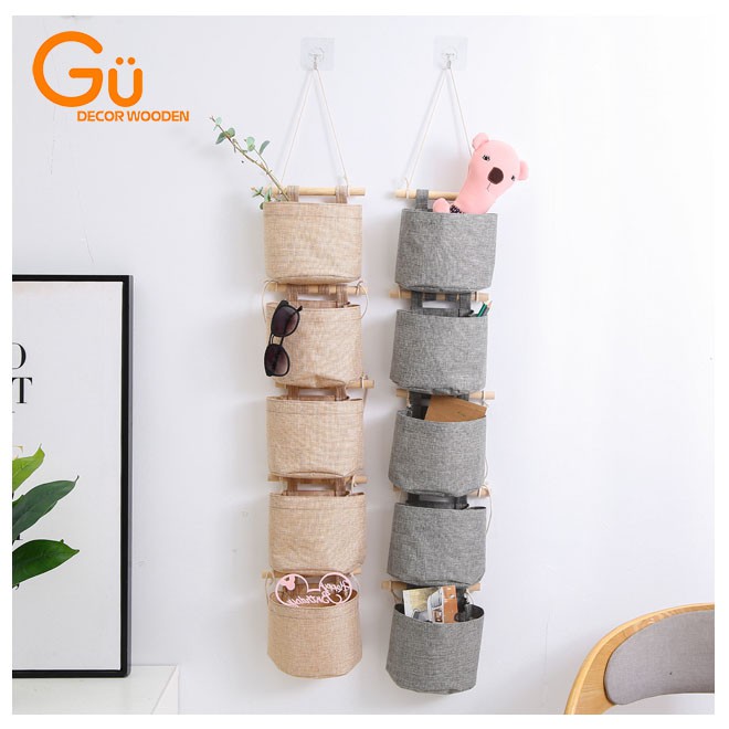 Túi giỏ vải đựng đồ treo tường, đựng đồ cá nhân vintage có chia ngăn decor trang trí nhà cửa - GU DECOR WOODEN