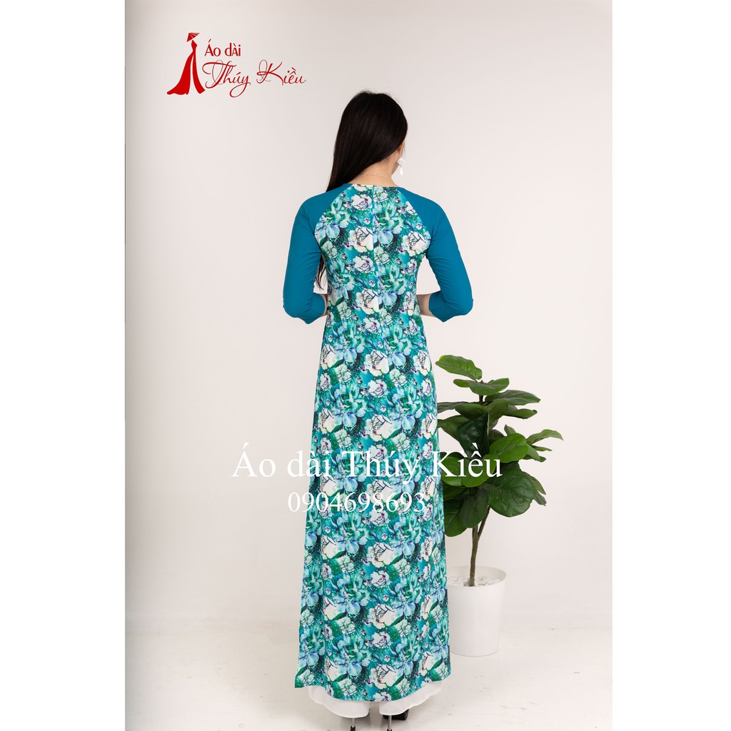 Áo dài Thúy Kiều in 3D lụa Nhật xanh cổ vịt hoa thân giữa K24