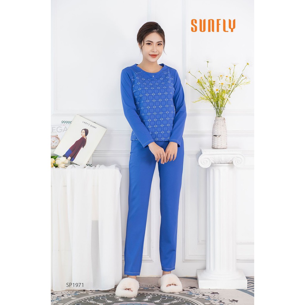 SP1971 Bộ đồ mặc nhà nữ cotton SUNFLY áo dài quần dài