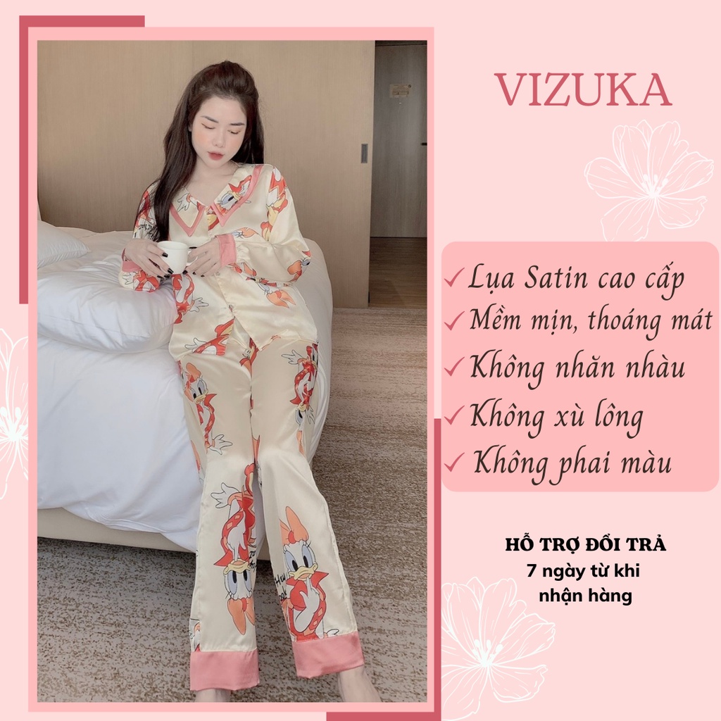 Đồ bộ nữ pijama lụa satin tay dài mặc nhà cute VIZUKA