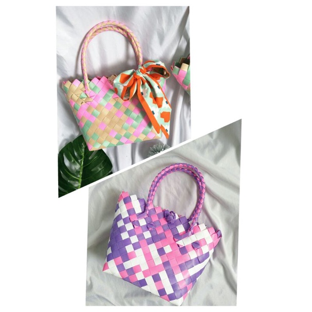 Giỏ đan ton pastel kèm nơ handmade