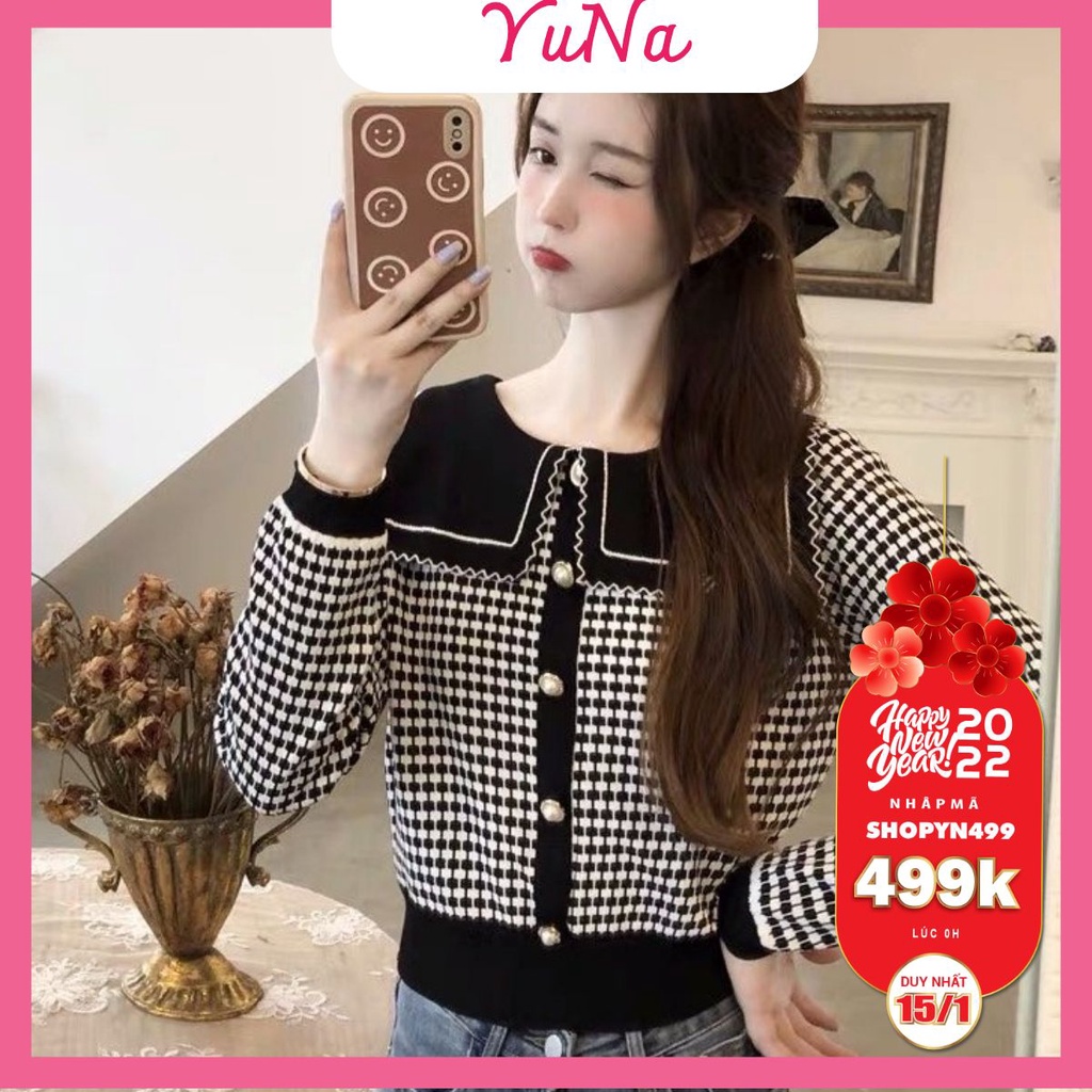 Áo len nữ Maika cổ thủy thủ dài tay họa tiết kẻ caro kiểu dáng Hàn Quốc, phụ kiện thời trang nữ YUNA