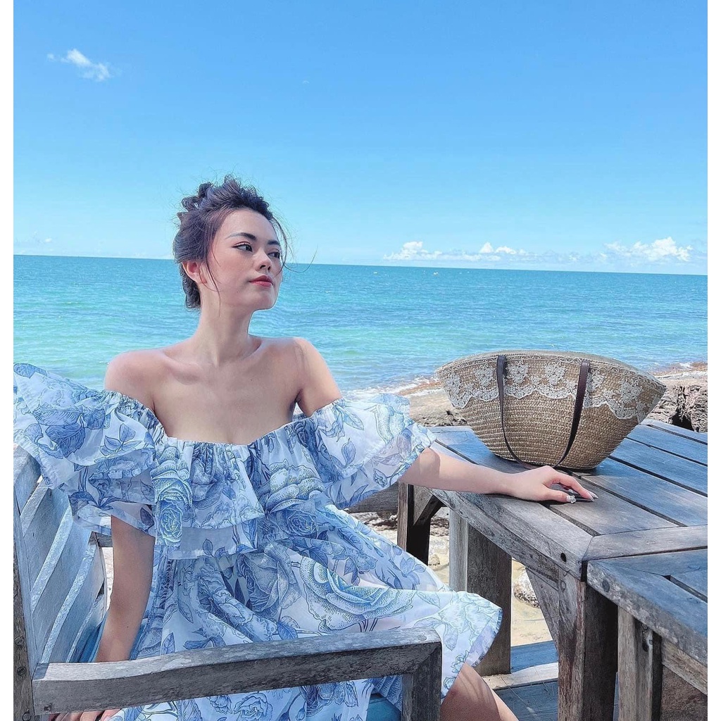 Váy tơ trễ vai xanh + hồng