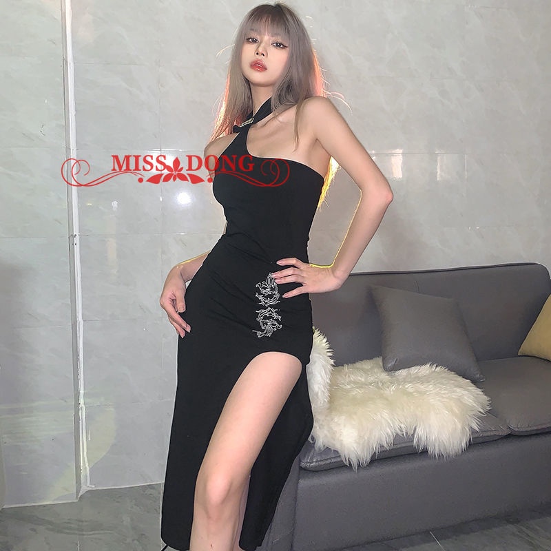 Đầm Sườn Xám Cách Tân Dáng Dài Hở Vai Thêu Họa Tiết Xinh Xắn Cho Nữ y2k