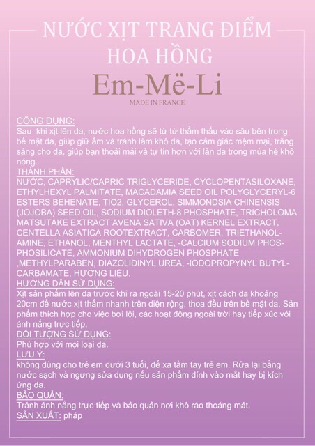 Nước xịt trang điểm hoa hồng Em-Me-Li Pháp | BigBuy360 - bigbuy360.vn