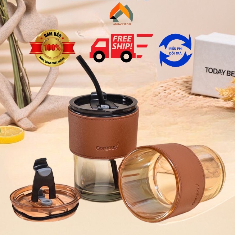 Cốc ly thuỷ tinh uống nước vỏ da, có nắp và ông hút thuỷ tinh CAO CẤP, ly uống nước văn phòng, decor đẹp dung tích 450ml
