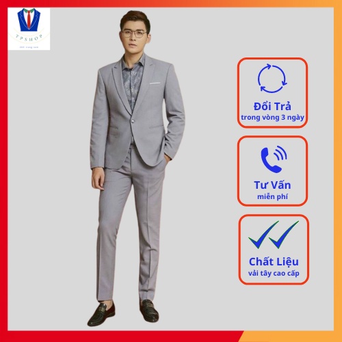 Bộ vest nam đẹp màu xám đá 1 khuy full size [Áo vest + Quần]