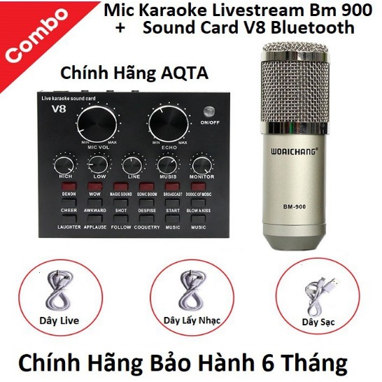 Soundcard V8 AQTA Chính Hãng Có Bluetooth + Mic Karaoke Livetream BM 900 Cao Cấp, Có AutoTune Chuẩn Phòng Thu