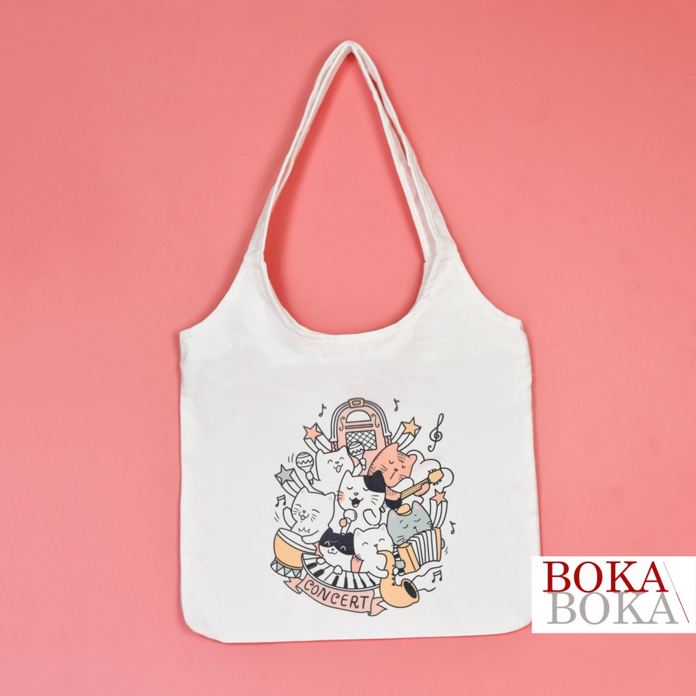 Túi Tote Vải Canvas Quai Tròn In Hình Những Người Bạn Mèo Cat Friends Có Khóa