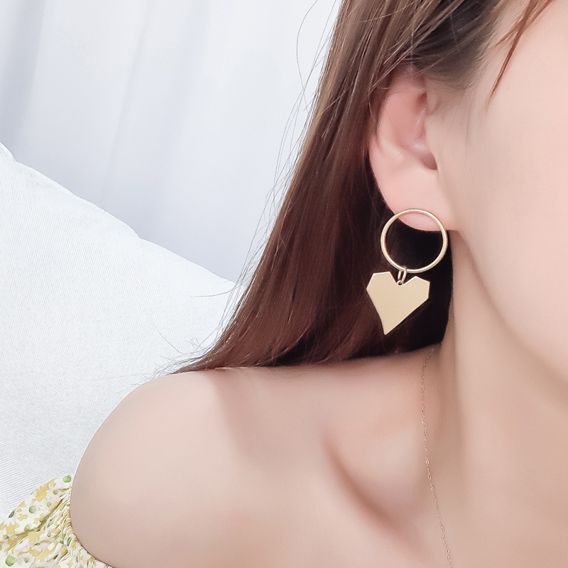 Bông Tai Mạ Bạc 925 Hình Trái Tim Rỗng Không Đối Xứng Phong Cách Hàn Quốc