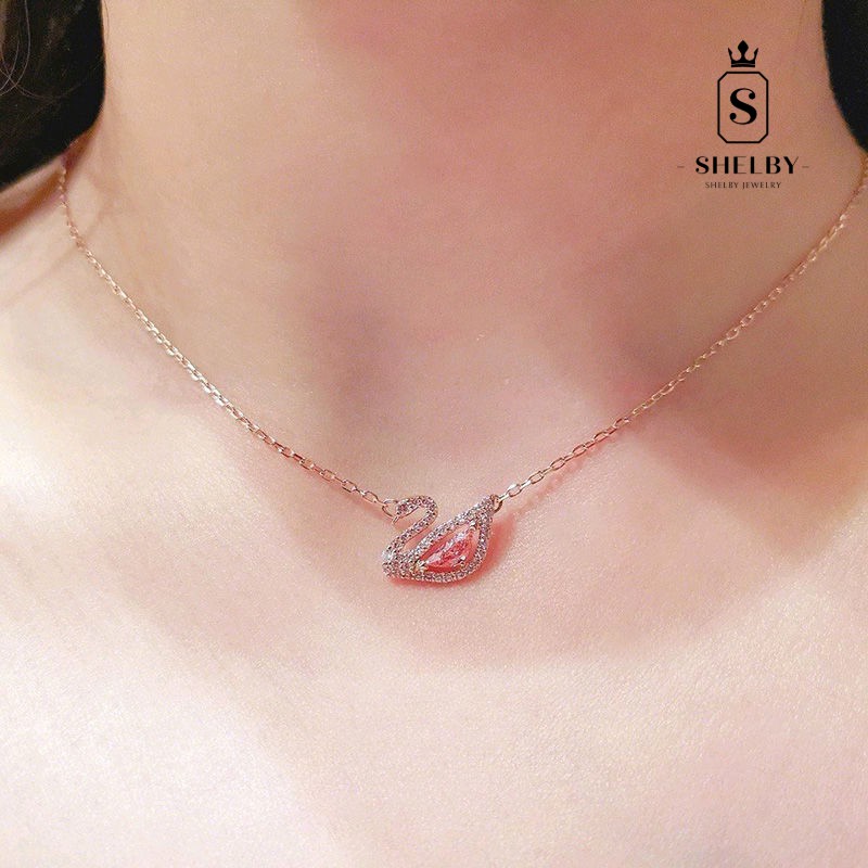 Dây chuyền treo cổ SWAROVSKI SWAN với một món quà lãng mạn đáng yêu thời trang bằng đá thủy tinh hồng SWAN mới S925