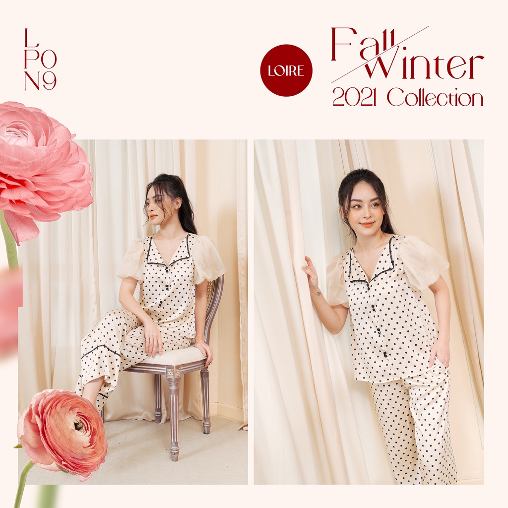 Bộ Đồ Ngủ Lụa Chấm Bi Tay Voan Bồng Bềnh Loirechic LPN09