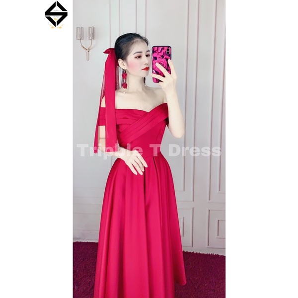 Đầm xoè cưới bẹt vai xếp ly form ngắn tặng kèm lúp nơ y hình TRIPBLE T DRESS - size S/M/L - MS182Y