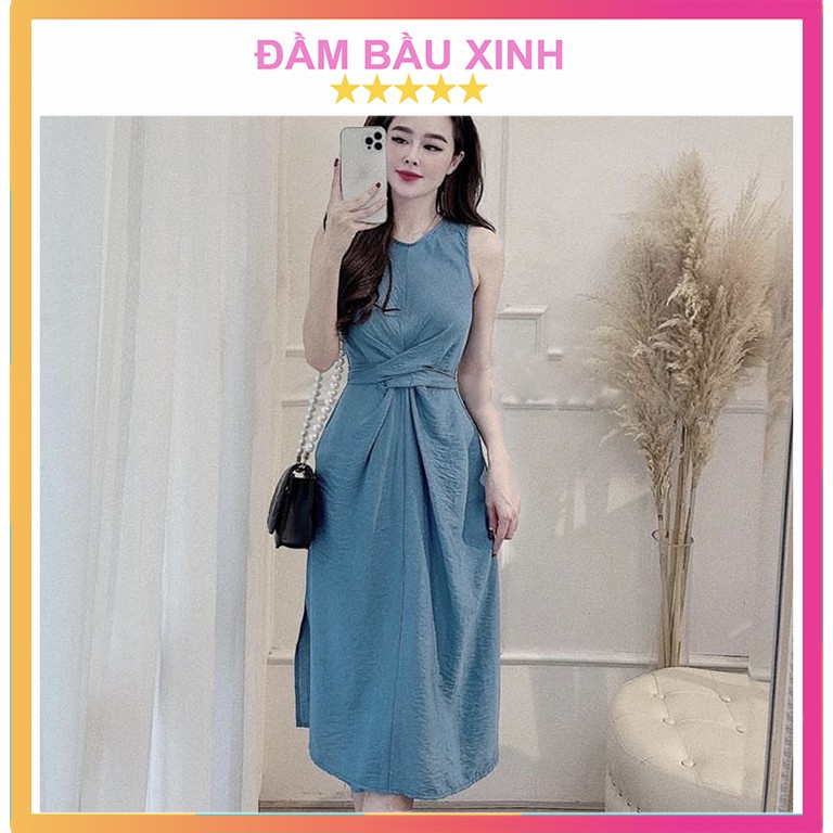Đầm Đũi Suông Xoắn Eo Váy Sát Nách Dây Buộc Thắt Eo Xanh Cô Ban Xinh Xắn