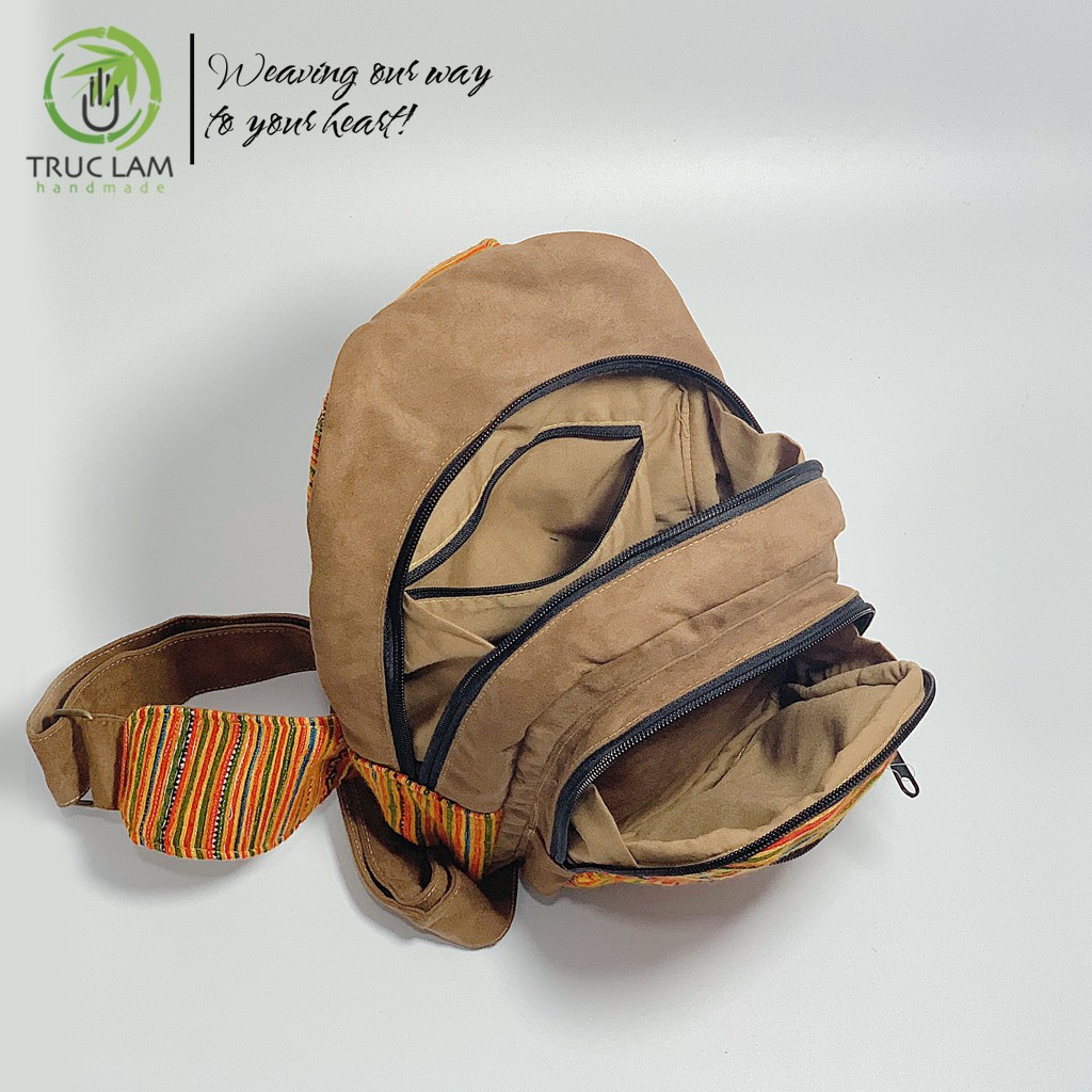 Túi Đeo Chéo Ngực Thời Trang Vải Thổ Cẩm Phối Da Lộn - Trúc Lâm Handmade