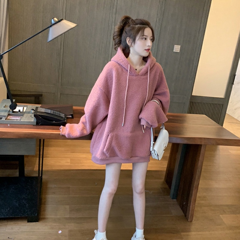 Áo Sweater IELGY Có Mũ Vải Nhung Giả Lông Cừu Dáng Rộng Dày Dặn Thời Trang Hàn Quốc Cho Nữ