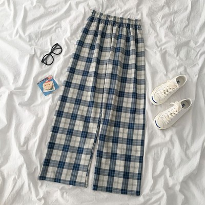 Korean Style Women Casual High Waist Loose Slim All-match Plaid Long Wide Leg Straight Pants Palazo