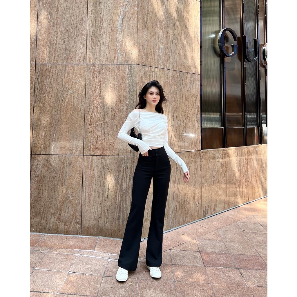 Áo croptop nữ tay dài HHVINTAGE kiểu lệch vai nhún Top A24