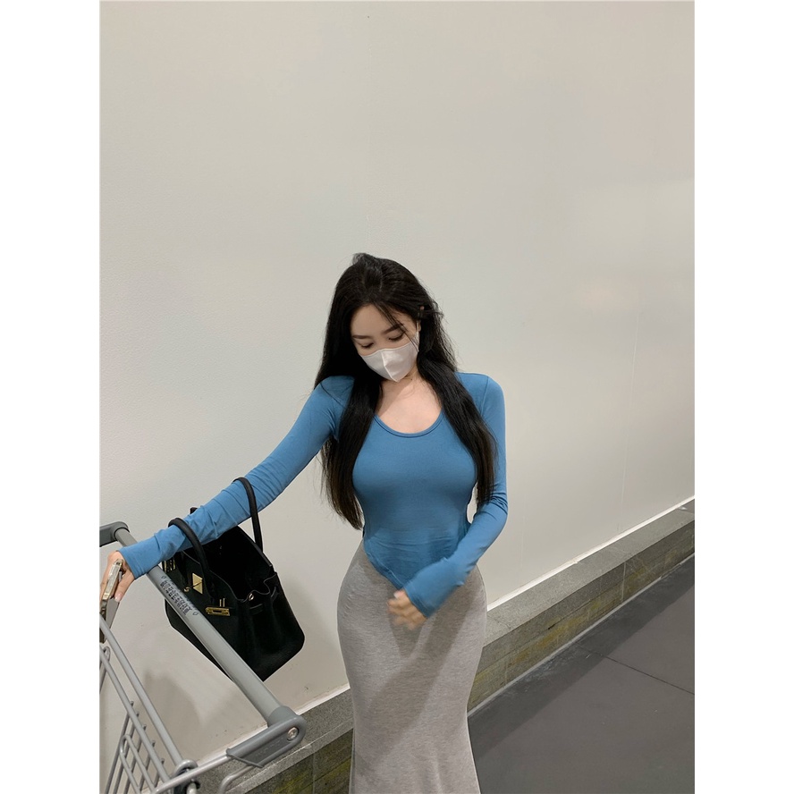 Cocory vn Áo Thun Dài Tay Cổ Chữ U Màu Trơn Thời Trang Mùa Hè Quyến Rũ