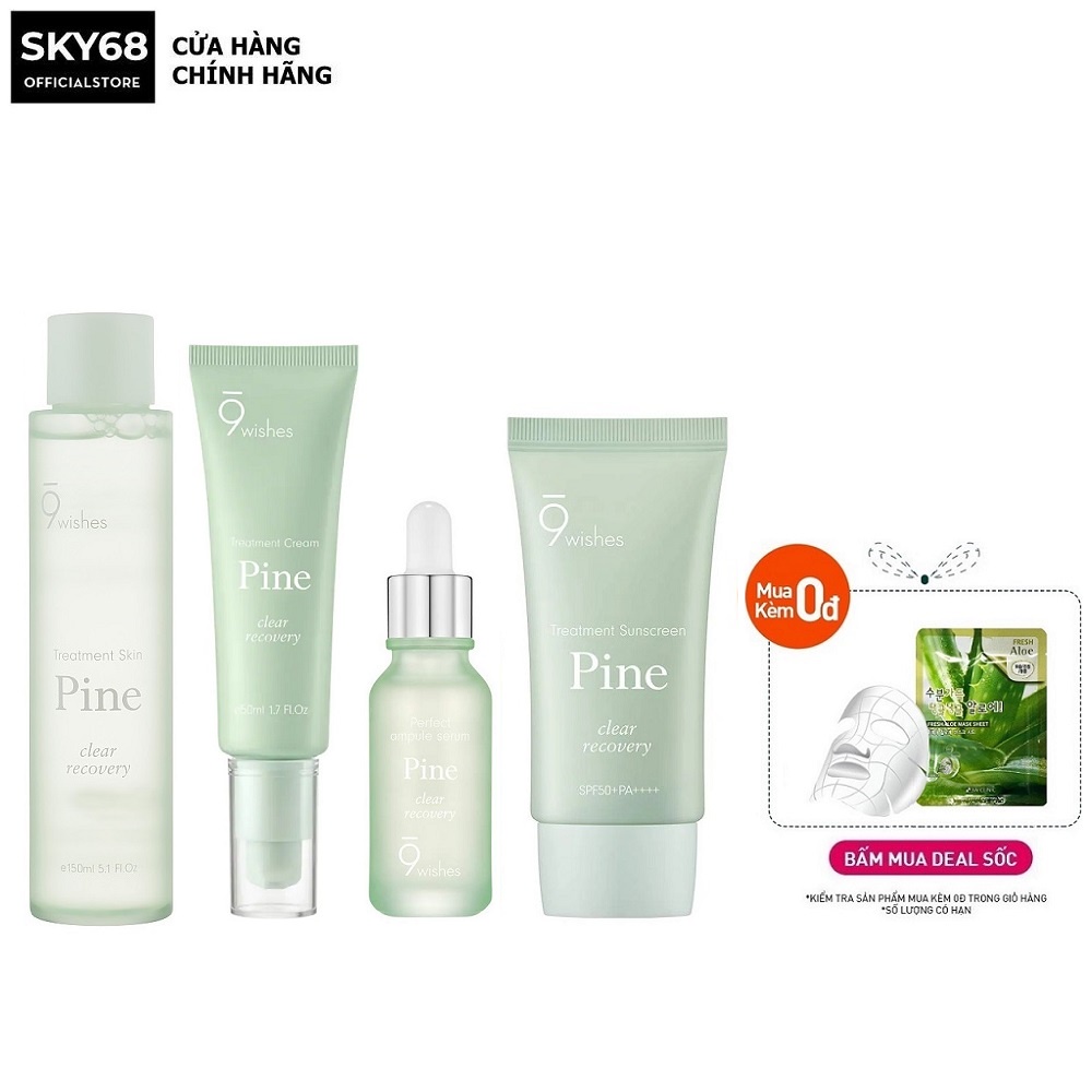 Bộ 4 Sản Phẩm Phục Hồi Da, Thu Nhỏ Lỗ Chân Lông 9 Wishes PINE (Toner 150ml + Serum 50ml + Kem 50ml +Kem chống nắng 50ml)