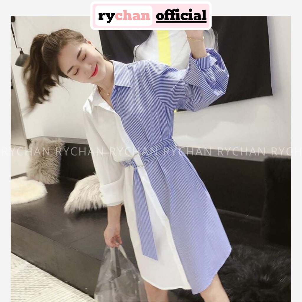 DS643 - Đầm Suông Phối Sọc Kèm Belt