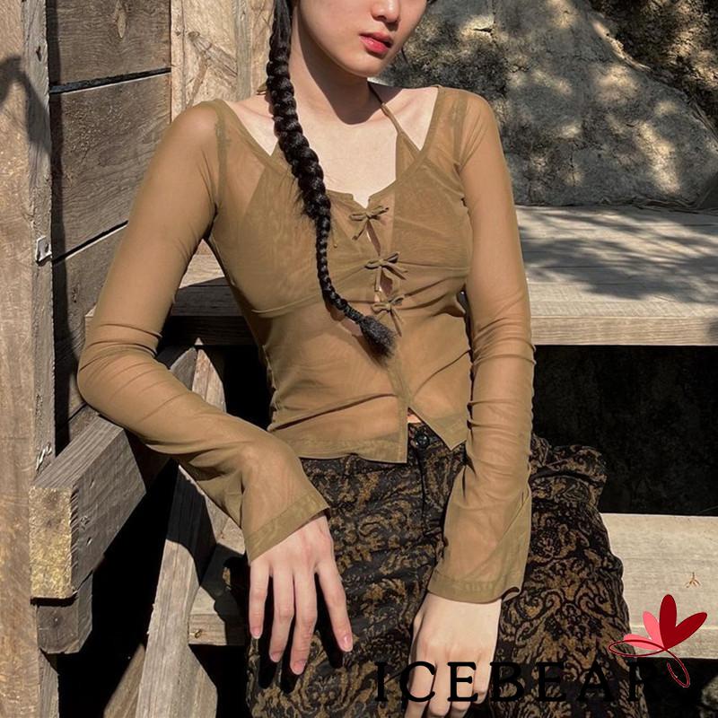 Áo Croptop Tay Dài Dáng Ôm Xuyên Thấu Màu Sắc Đơn Giản Dành Cho Nữ