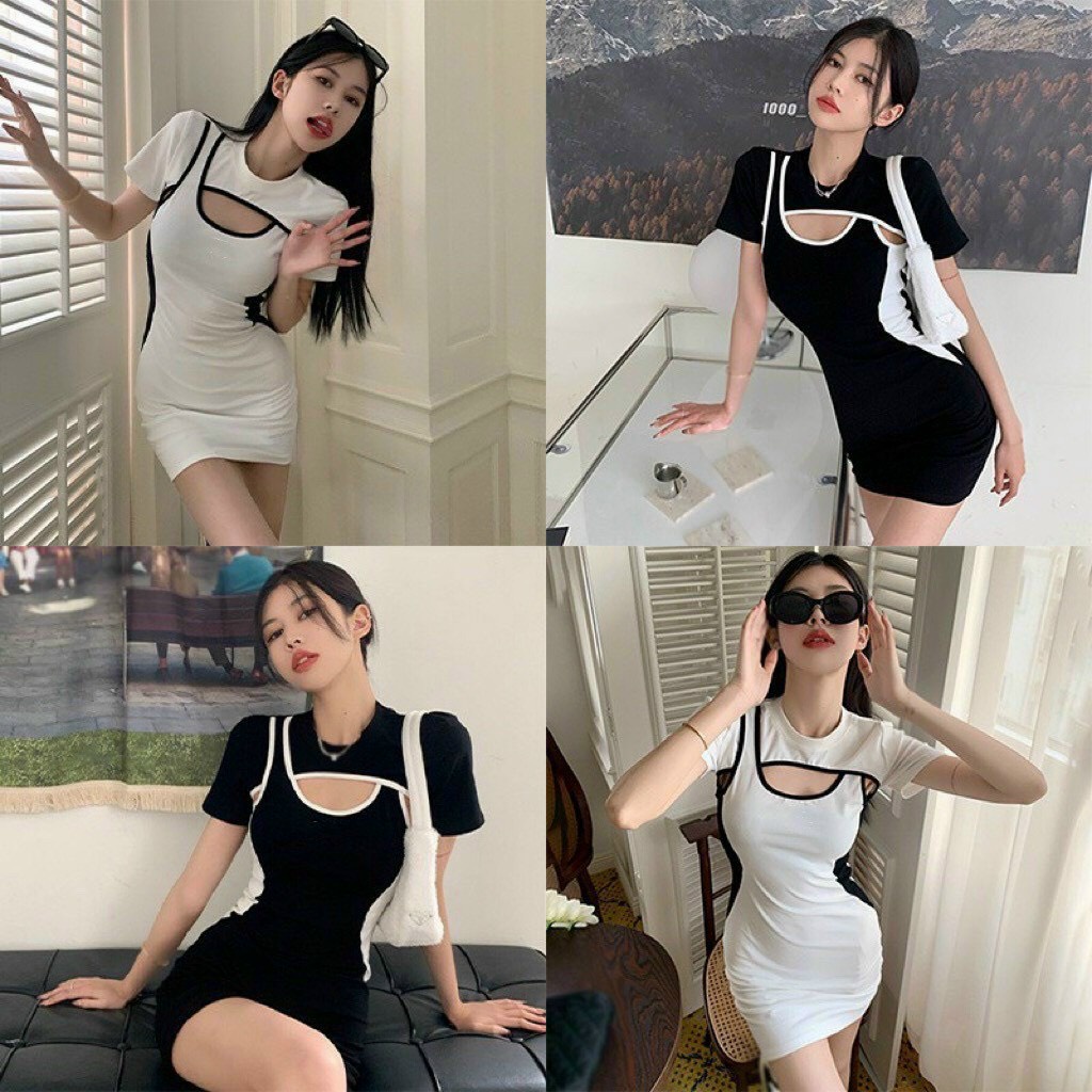 Đầm viền màu tay ngắn khoét ngực ôm body cực sexy , chất thun gân dày dặn
