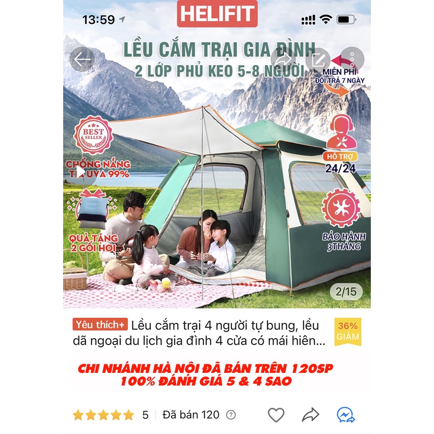 Lều cắm trại tự bung 4 người gia đình pinic dã ngoại gấp gọn 4 cứa tặng gối hơi NIUMI