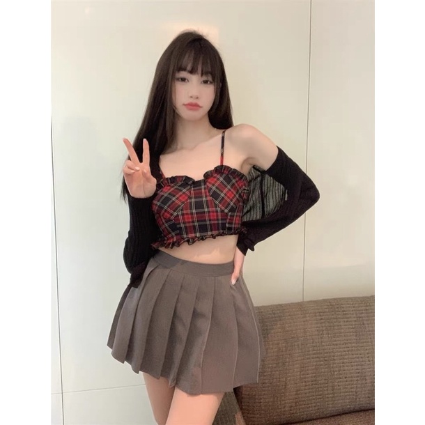 áo 2s 2 dây kẻ đỏ mix viền bèo ngực (ko có mút ngực)