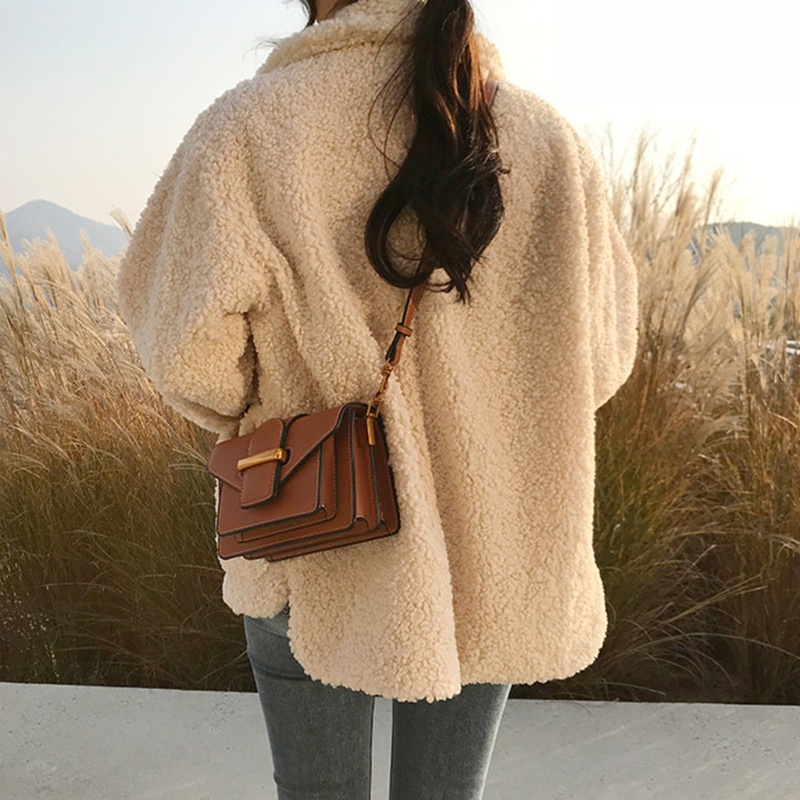 Áo Khoác Lông Cừu Giả Tay Dài Màu Sắc Trơn Thời Trang Mùa Đông Cho Nữ