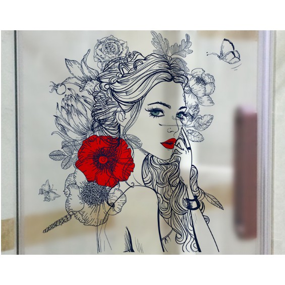 Decal trang trí kính cao cấp Cô Gái và đóa hồng Đỏ lớn