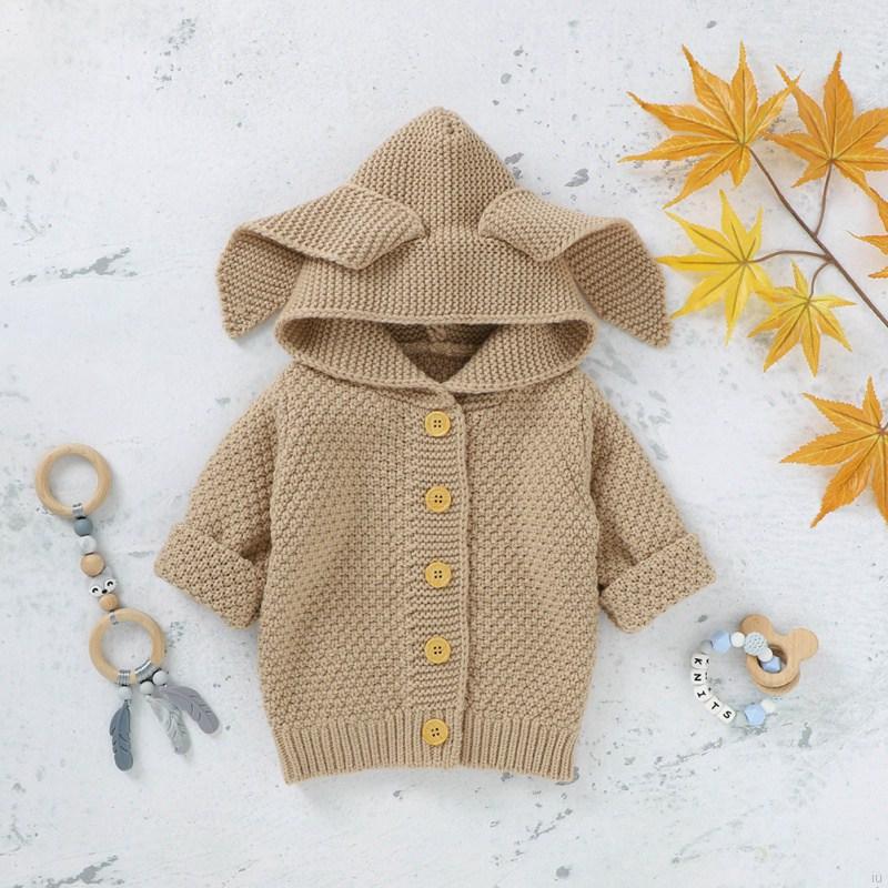 Áo Hoodie Dệt Kim Màu Trơn Trang Trí Tai Thỏ Đáng Yêu Cho Bé