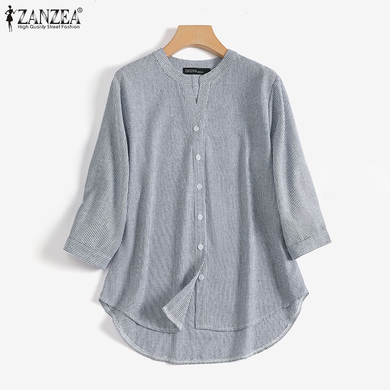 Áo sơ mi ZANZEA tay lửng cổ chữ V họa tiết sọc thời trang cho nữ