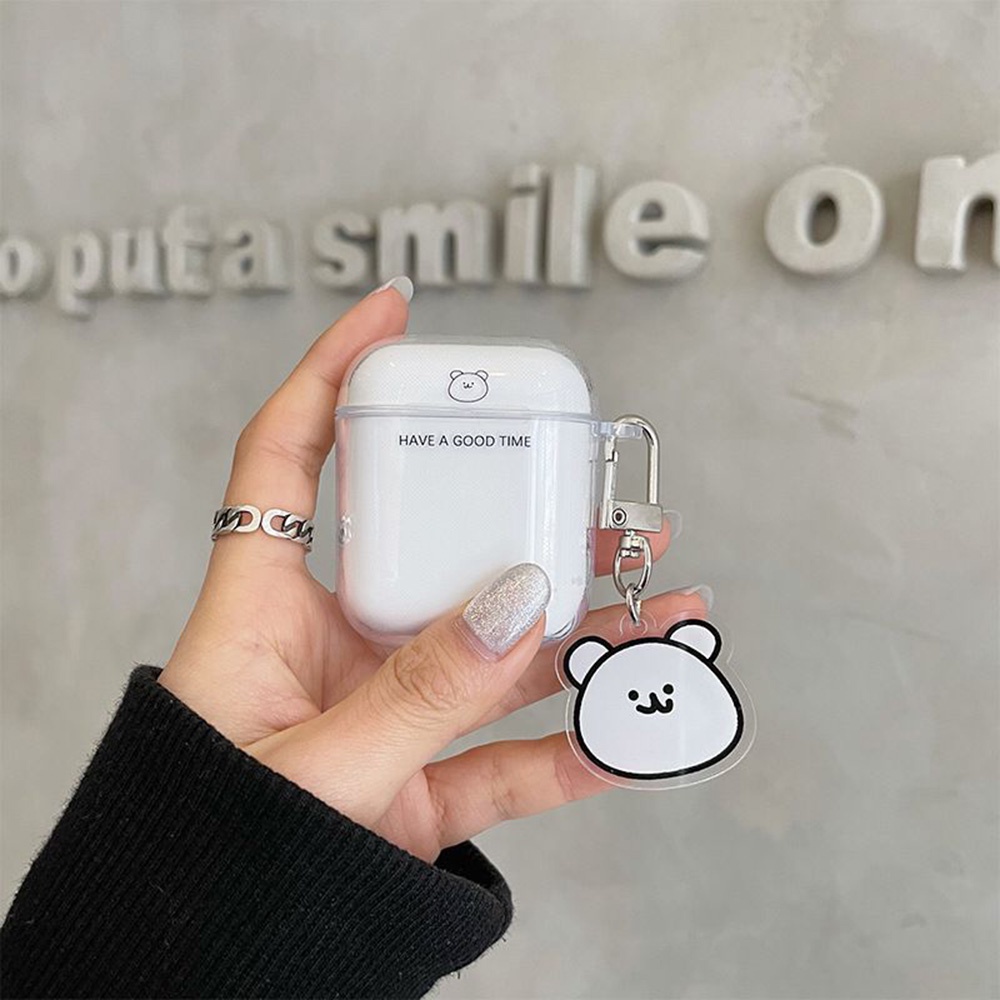 Ốp bảo vệ hộp sạc tai nghe Airpods 1/2 Bluetooth trong suốt kèm móc khóa hình gấu dễ thương