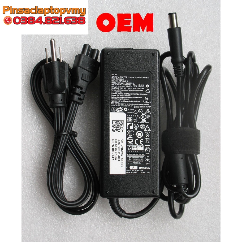 Sạc Laptop Dell 19.5V 4.62A (90w) Chân Kim To E6420 E6520 E6430 3442 3443 3543 3558 3521 3421 Adapter Kèm dây nguồn