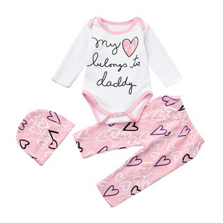 Set áo liền quần + quần + nón trái tim dễ thương cho bé gái sơ sinh