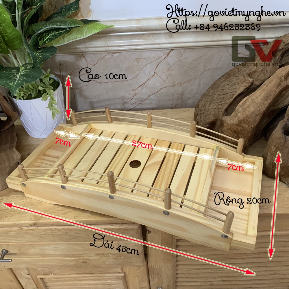 Khay Cầu Gỗ Trang Trí Sushi - Sashimi Nhật Bản trang trí món ăn cho nhà hàng - Size 45cm - 2 tầng - hàng xuất khẩu