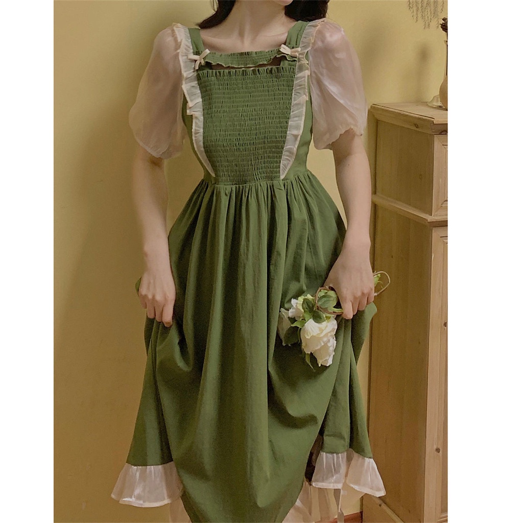 Đầm Midi Chữ A Tay Phồng Phối Lưới Màu Xanh Bơ Ngọt Ngào Phong Cách Pháp Thời Trang Cho Nữ