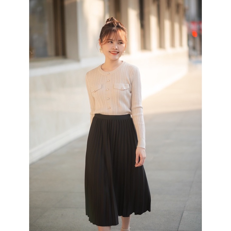 Chân váy xếp li dáng dài màu đen trơn Bazzi - ẢNH THẬT