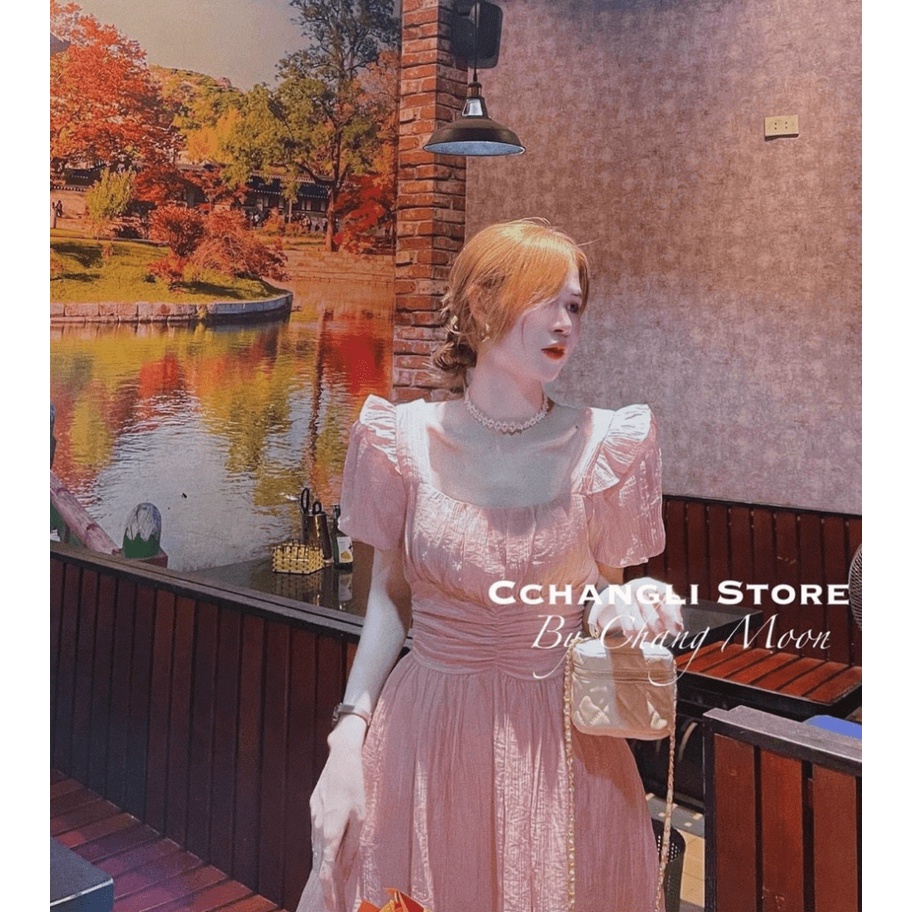 (Free Ship) Váy Tơ Nhăn Tay Bồng Zúm Eo Chất Tơ Xước Nhăn Mềm Được Chị Em Săn Đón UP Valetina Shop