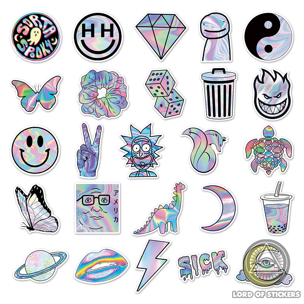 Set 50 Nhãn Dán Holographic Graffiti Sticker Phong Cách Hoạt Hình Cute Chống Thấm Nước Dán Mũ Bảo Hiểm, Laptop, Vali, Sổ