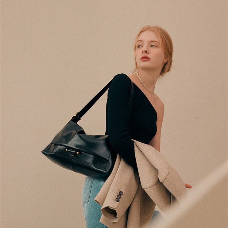 Túi đeo vai IELGY da PU mềm mại cỡ lớn màu đen phong cách Hàn Quốc thời trang dành cho nữ