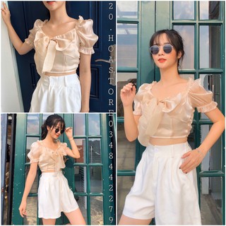 Áo croptop cổ vuông trễ vai voan lụa ánh kim màu beige ulazang