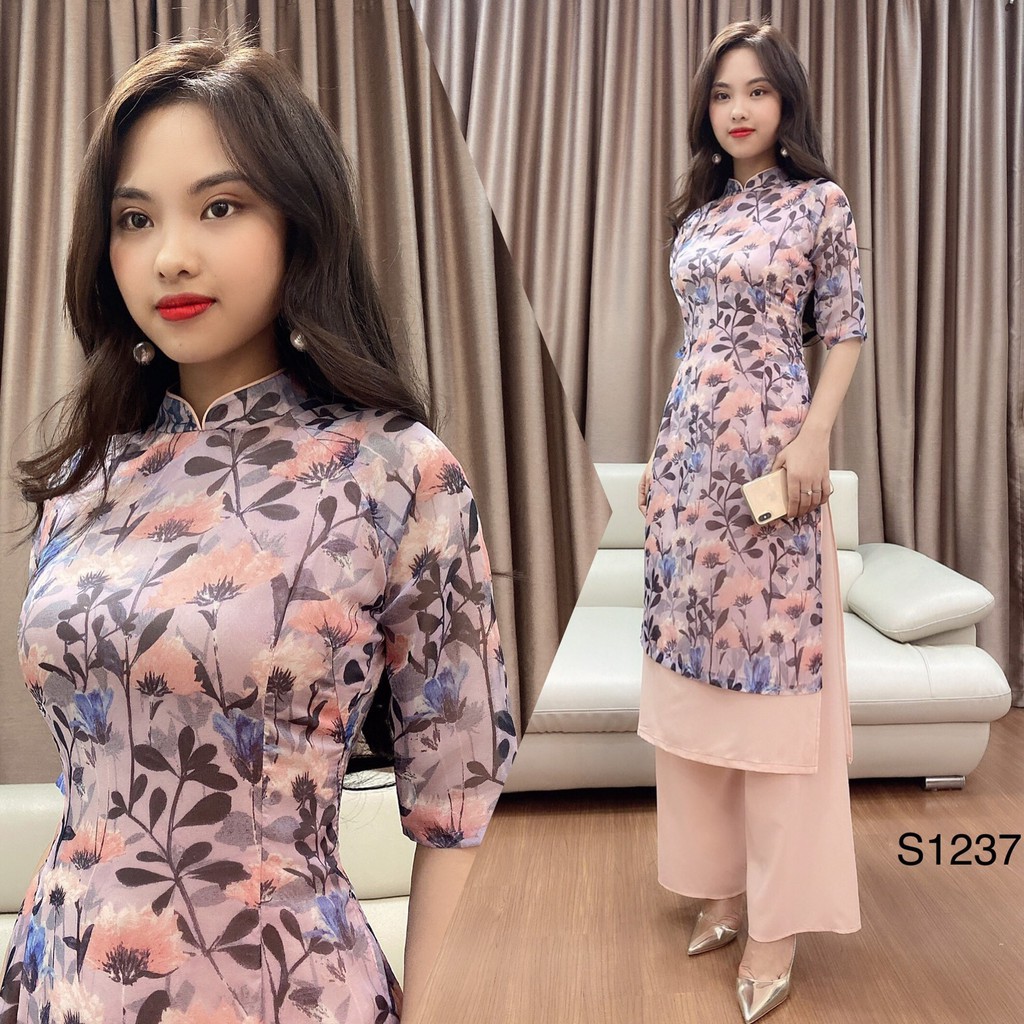 ÁO DÀI HOA TÍM V1237 - QUEEN SHOP DOLCE VIVA COLLECTION(ảnh người mẫu+ảnh trải sàn do chính tay chị chủ chụp)