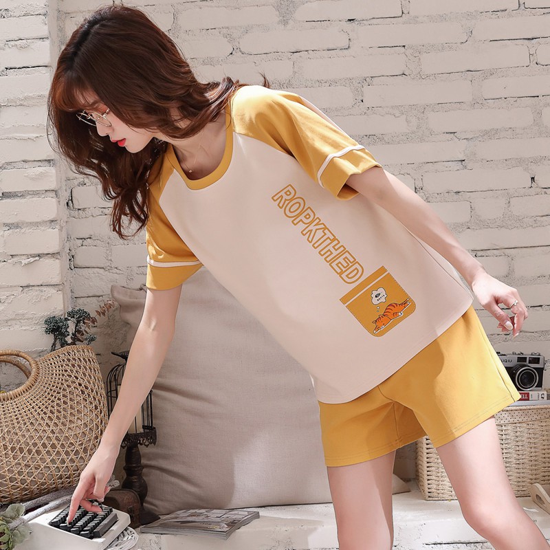 Bộ Đồ Ngủ Cotton Ngắn Tay In Họa Tiết Dễ Thương Cho Nữ