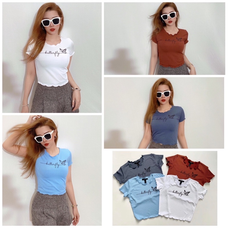 Áo croptop ôm xoăn lai thun bo gân in Butterfly, 4 màu