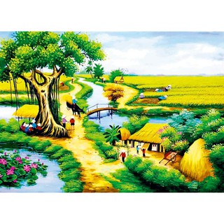 Tranh dán tường làng quê Việt Nam - VẢI LỤA  phủ kim sa (kích thước theo yêu cầu)