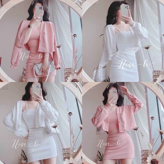 [Set đồ nữ] Set 3 món áo 2 dây kèm chân váy và áo khoác cardigan lửng mẫu mới lên form cực chuẩn, mặc đi chơi siêu xinh